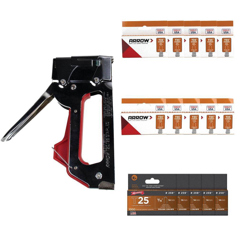 Arrow Dual-Purpose Staple Gun  Wire Tacker with 5000-Pack 38 in. 716 in.  916 in. T25 Round Crown Staples 843631130735