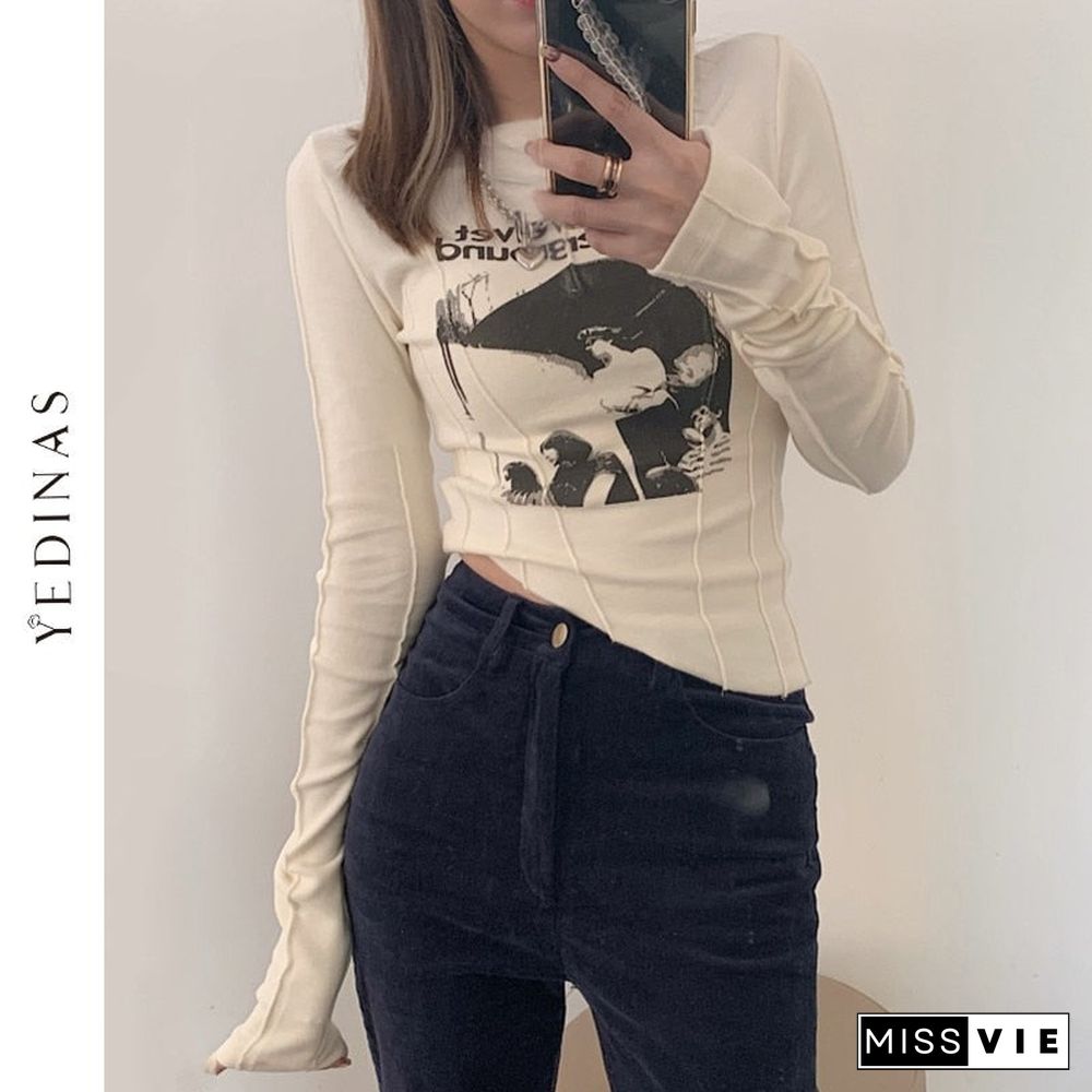 Yedinas Casual Slim T-shirt For Women O Neck Long Sleeve Sexy Crop Top Grunge Letters Print Female Korean Fashion Clothing