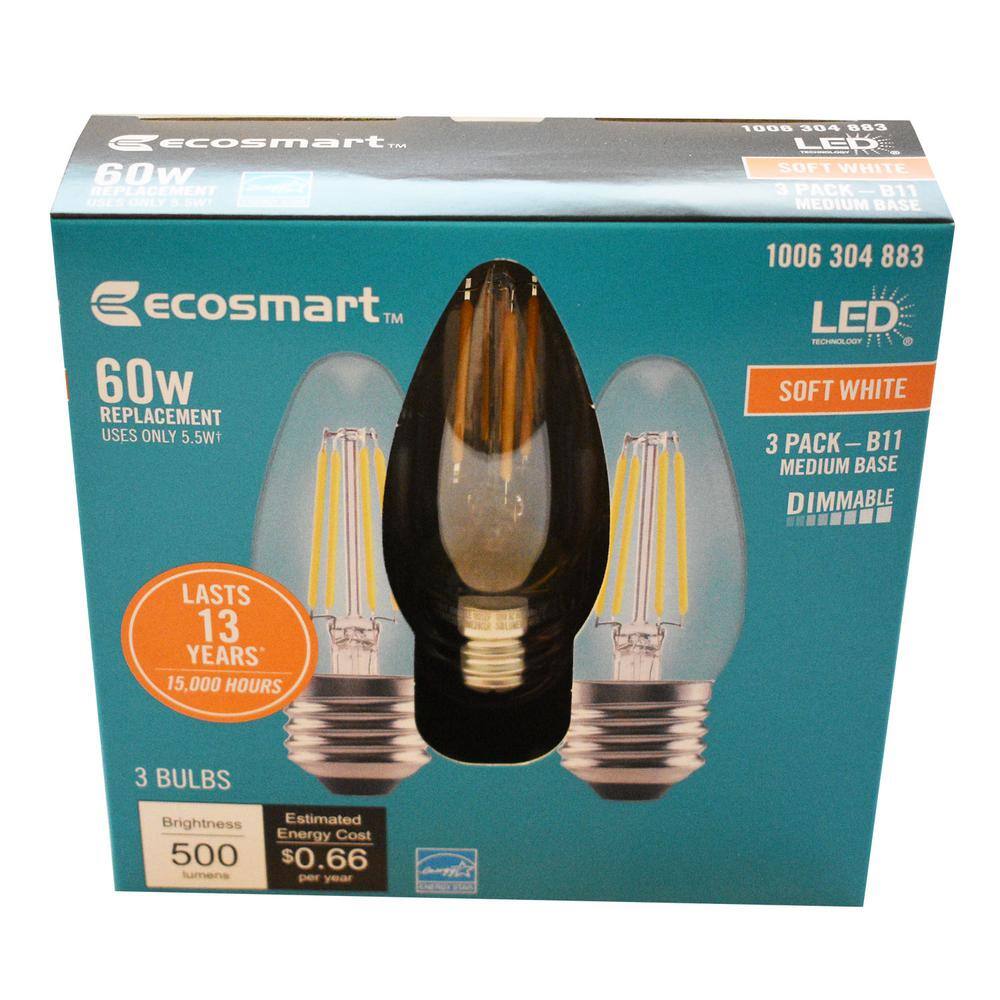 EcoSmart 60- -Watt Equivalent B11 Dimmable Blunt Tip Candle Clear Glass Edison Filament LED Light Bulb Soft White (3-Pack) FG-04192