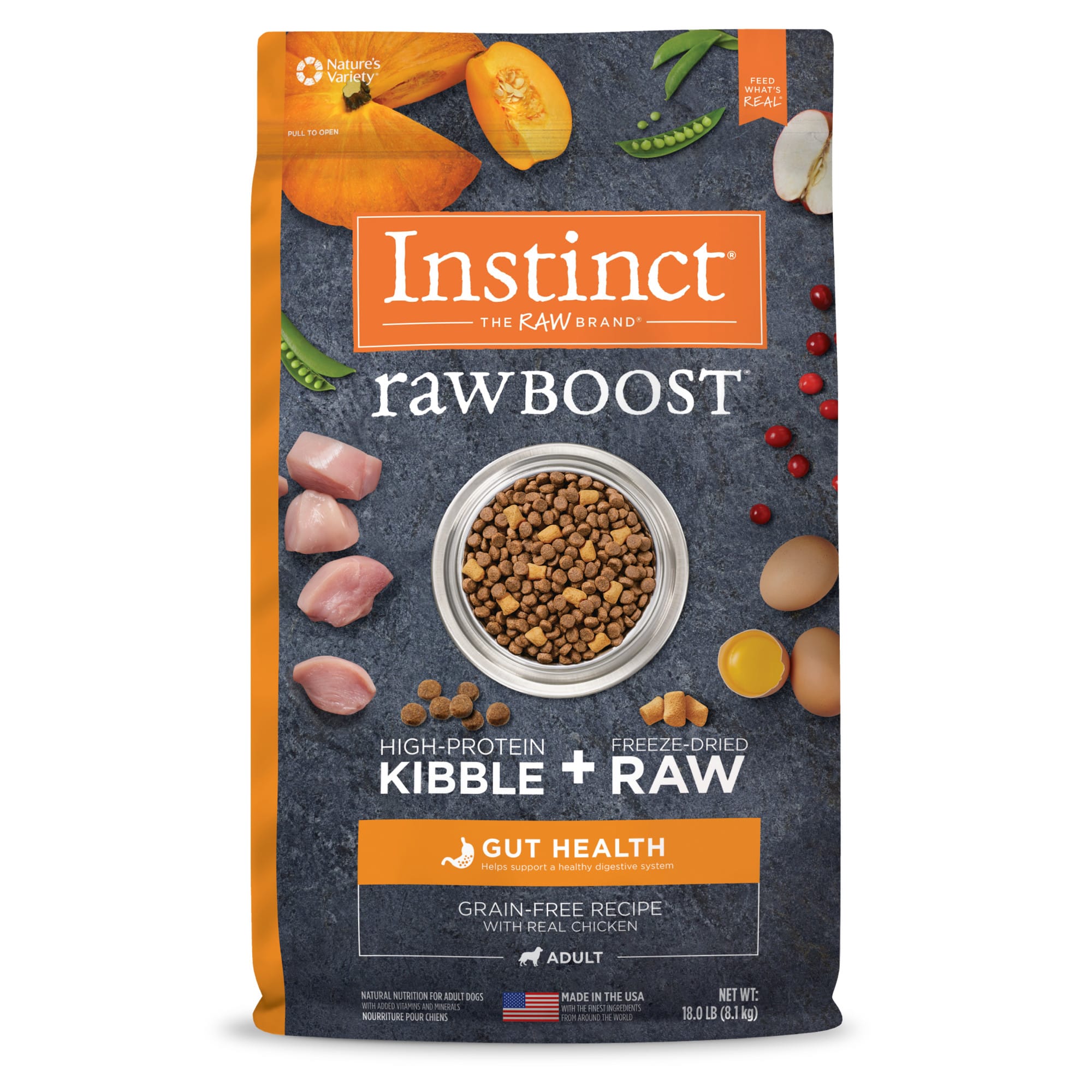 Instinct Raw Boost Gut Health Grain Free Recipe with Real Chicken Natural Dry Dog Food， 18 lbs.