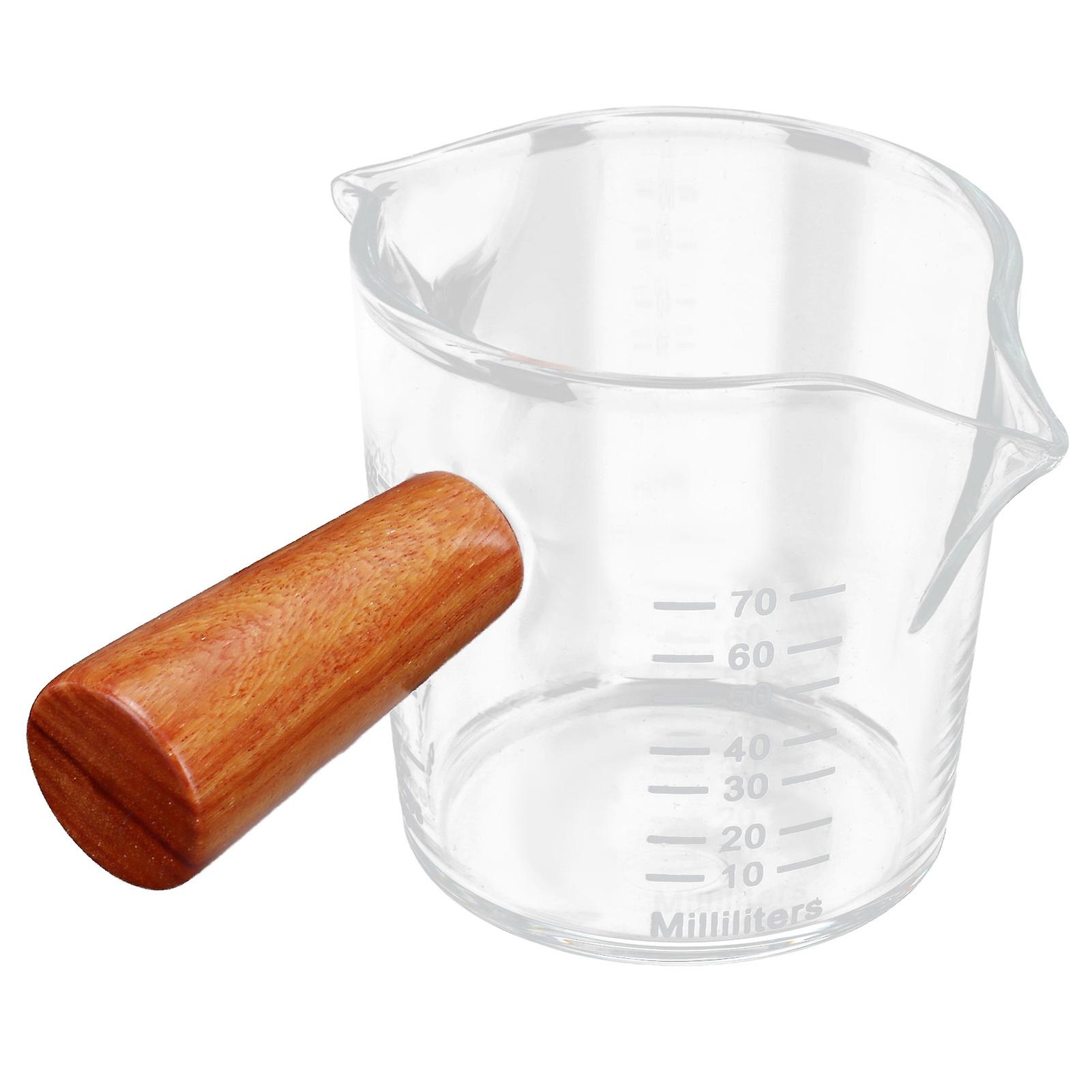 Double Spout Milk Cup with Wooden Handle Glass Coffee Measuring Mug for Home KitchenThick Bottom Type