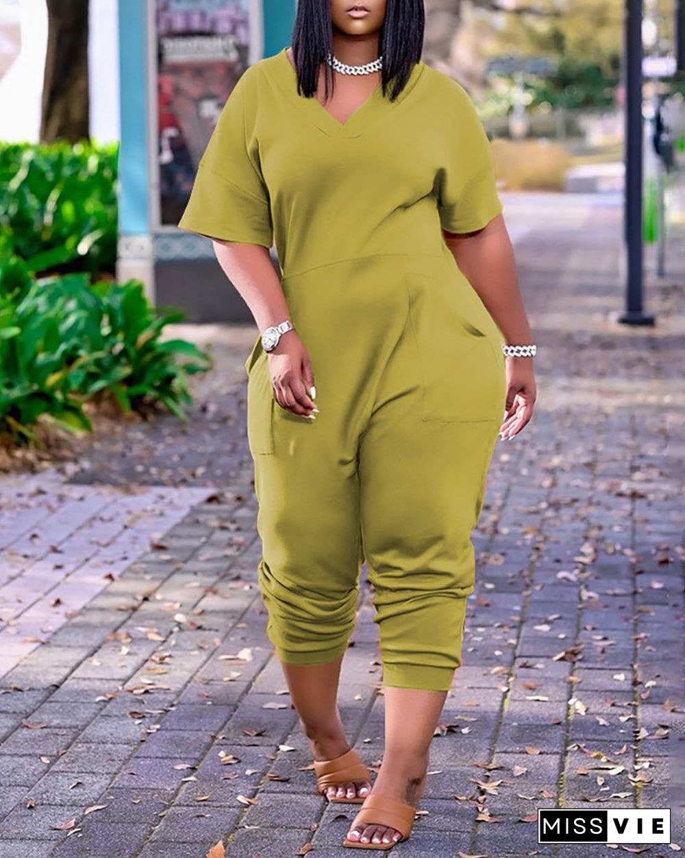 Pocket Design Plain Short Sleeve Jumpsuit