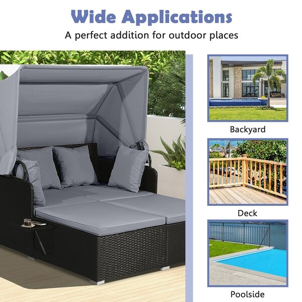 Costway Patio Rattan Daybed Lounge Retractable Top Canopy Side Tables