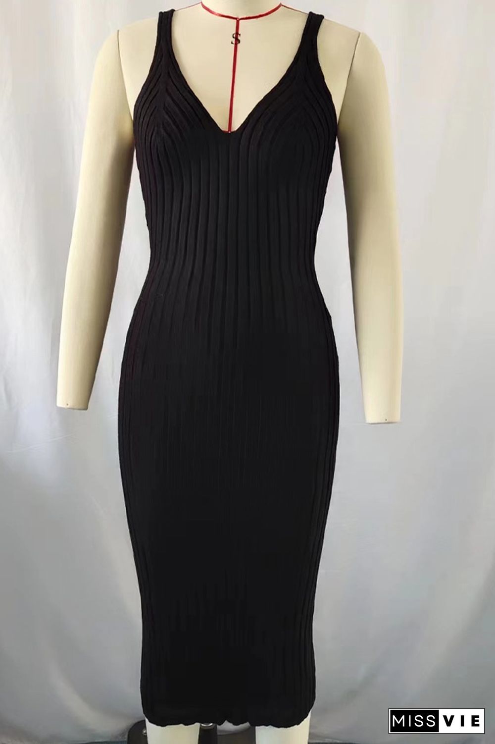 Plain V Neck Rib Knit Cami Bodycon Dress