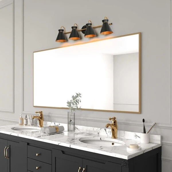 Modern 4-Light Black Gold Bathroom Vanity Lights Linear Wall Sconce with Metal Shades - 31.5