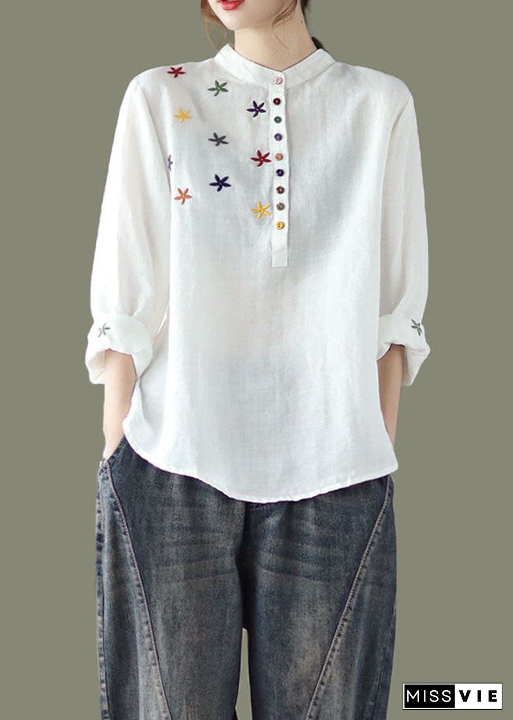 Women White Stand Collar Embroideried Linen Shirt Spring