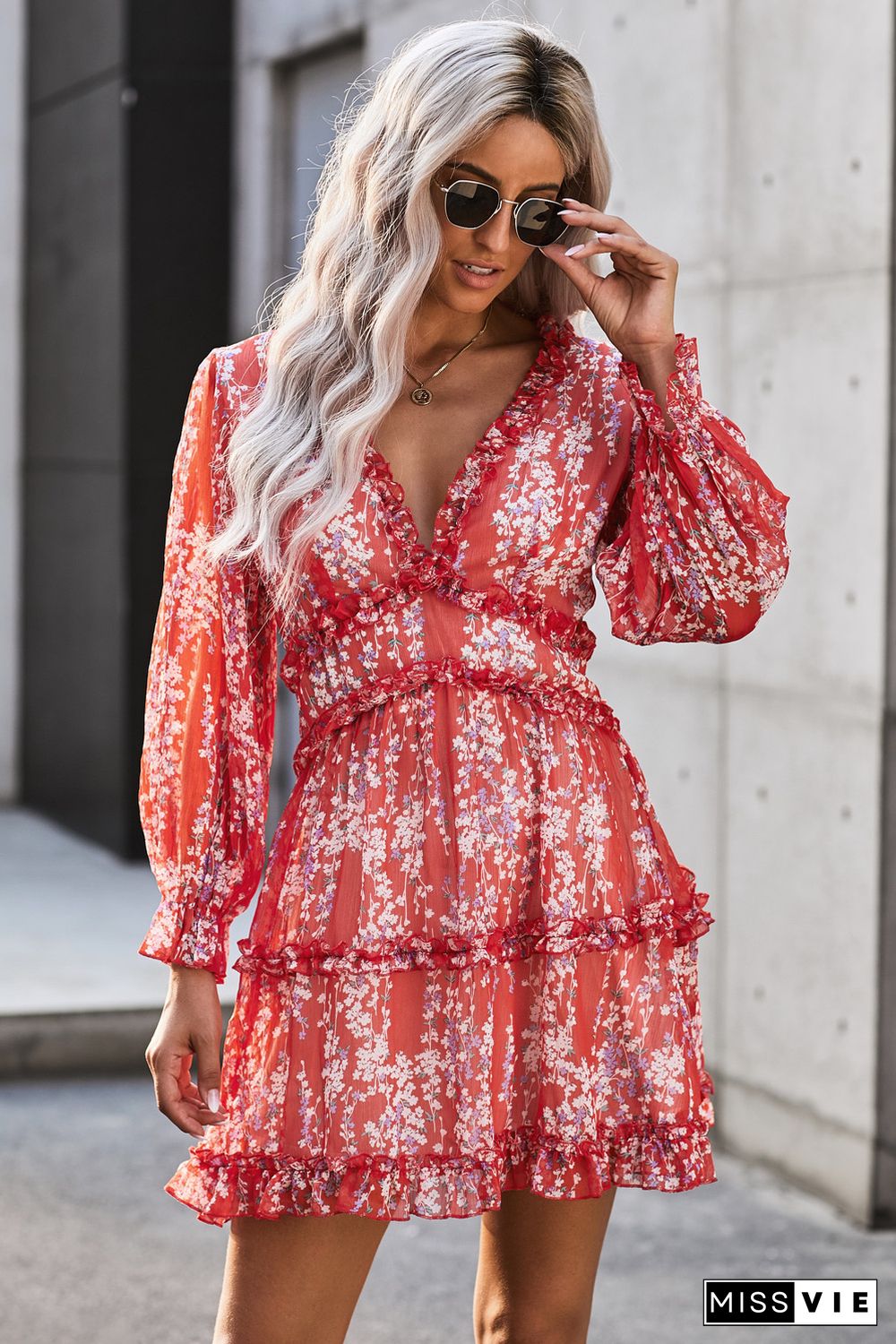 Ruffle Detailing Open Back Floral Dress