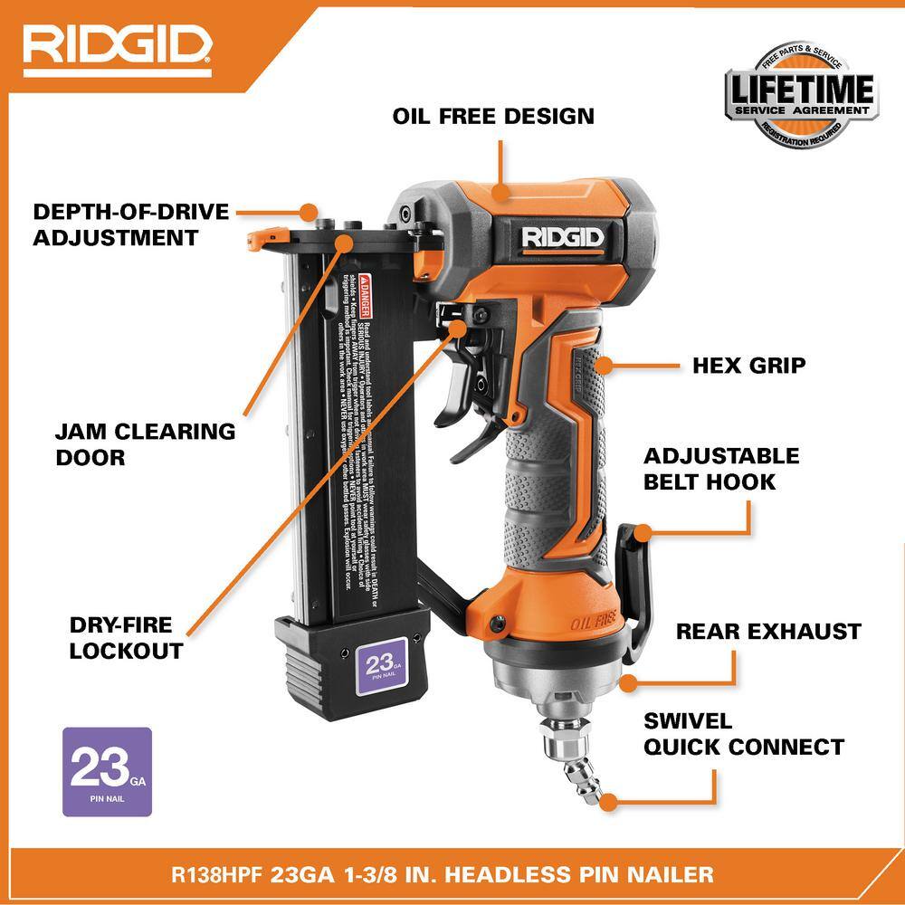 RIDGID Pneumatic 23-Gauge 1-38 in. Headless Pin Nailer with Dry-Fire Lockout R138HPF