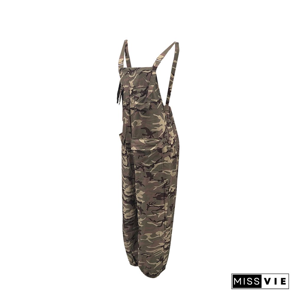 Camo Print Backless Suspenders Cargo Jumpsuits