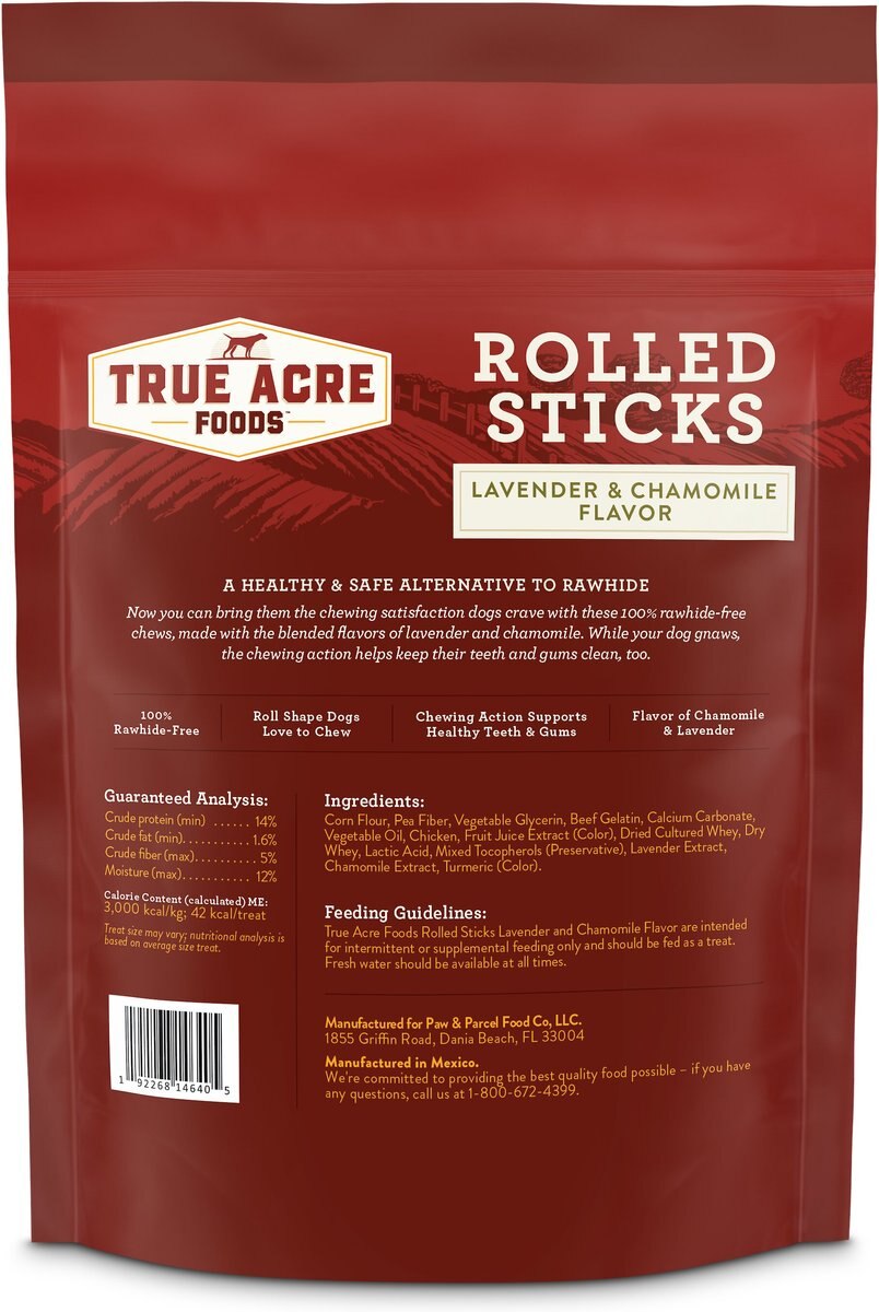 True Acre Foods Rawhide-Free Rolled Sticks Chamomile and Lavender Flavor Treats， 16 count