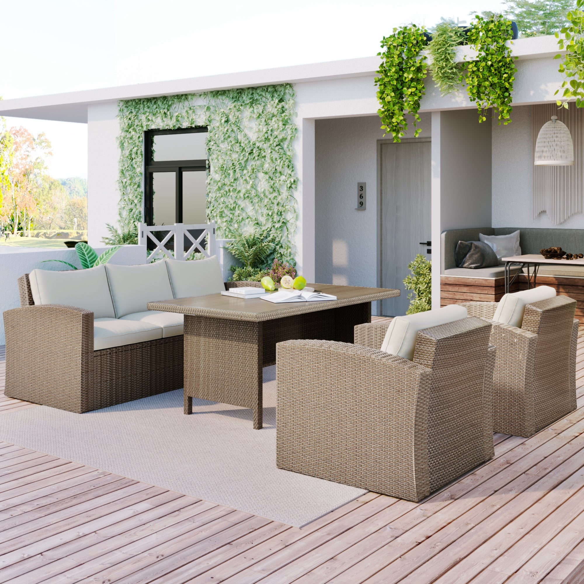 4-piece Outdoor Patio Furniture Set Modern Wicker Conversation Set， Three Seat Sofa and Dining Table Chair with Cushions Set - Overstock - 37652675