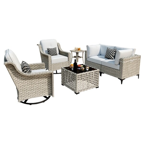 OVIOS 6 Pieces Outdoor Wicker Swivel Chair Set With SolarPowered Coffee Table