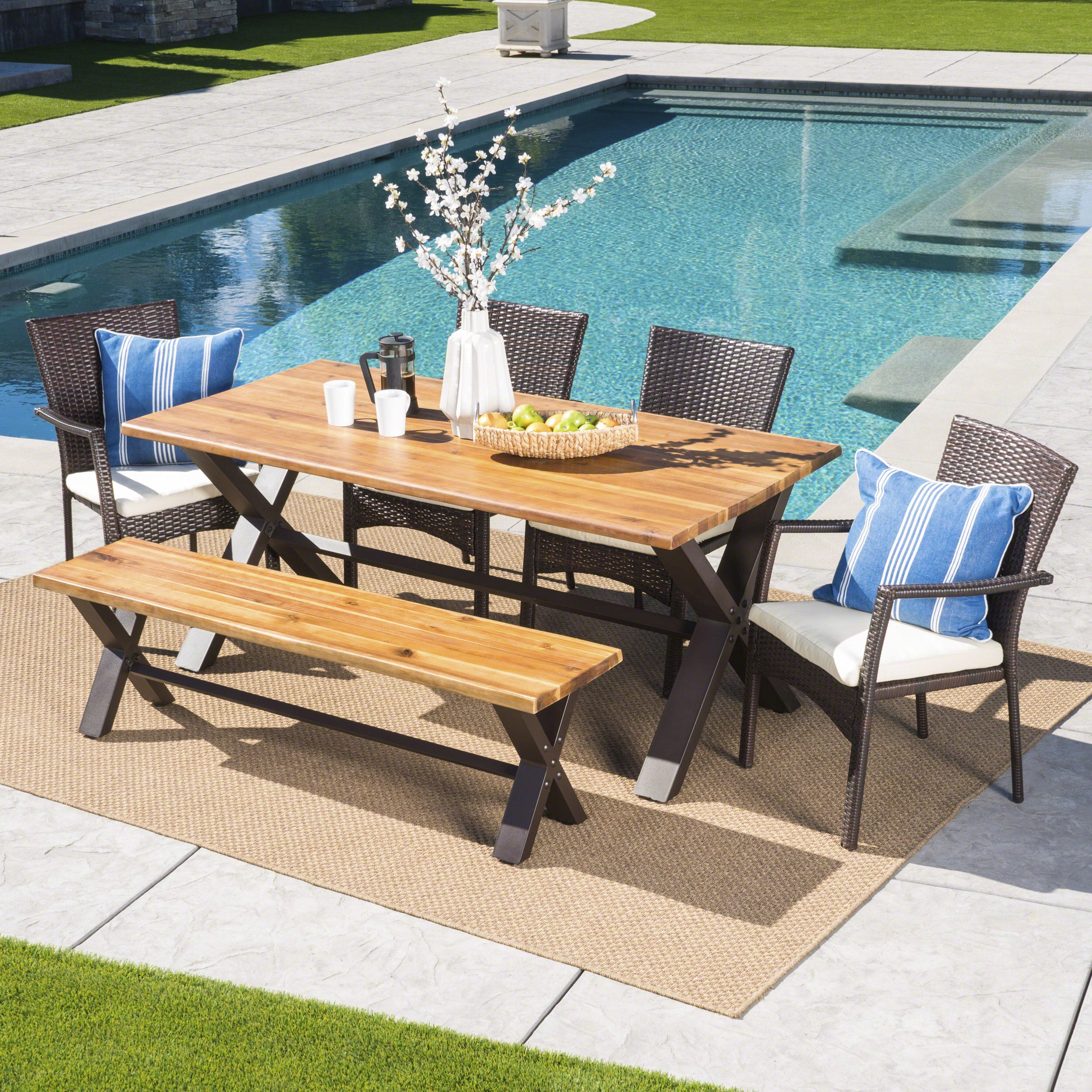 Brent Outdoor 6 Piece Acacia Wood Dining Set with Wicker Dining Chairs