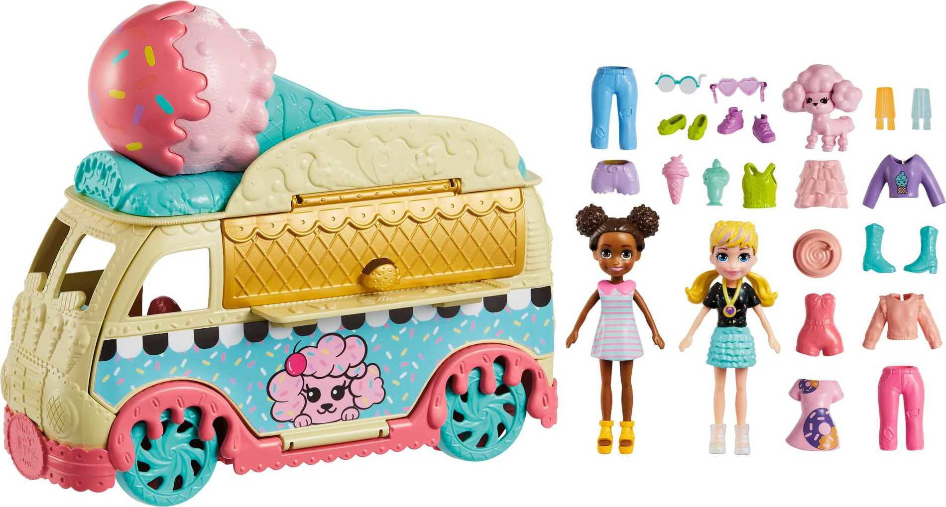 Polly Pocket Tiny Treats Ice Cream Playset, Vehicle Toy with 2 (3-inch) Dolls and 18+ Accessories