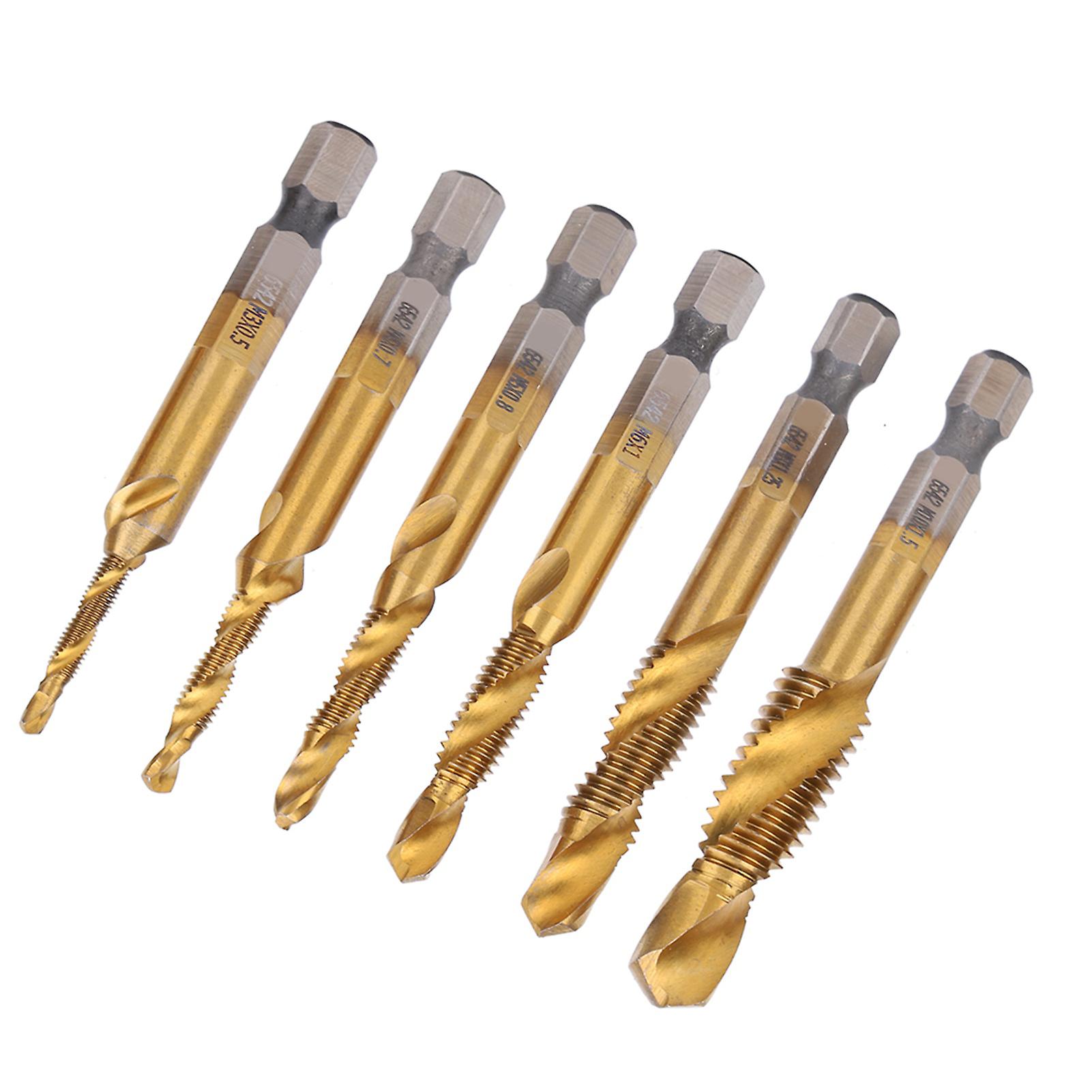 6pcs Hss Tap Drill Bits Set High Speed Steel Titanium Coated Hex Shank Thread Hand Tool M3m10