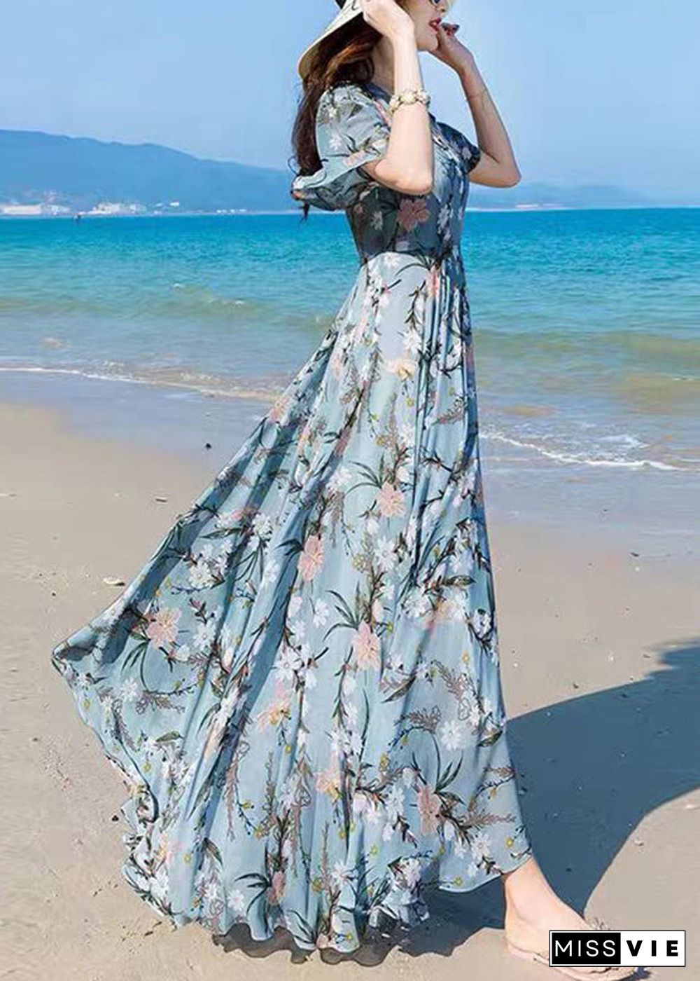 Vogue Blue V Neck Print Chiffon Maxi Beach Dresses Summer