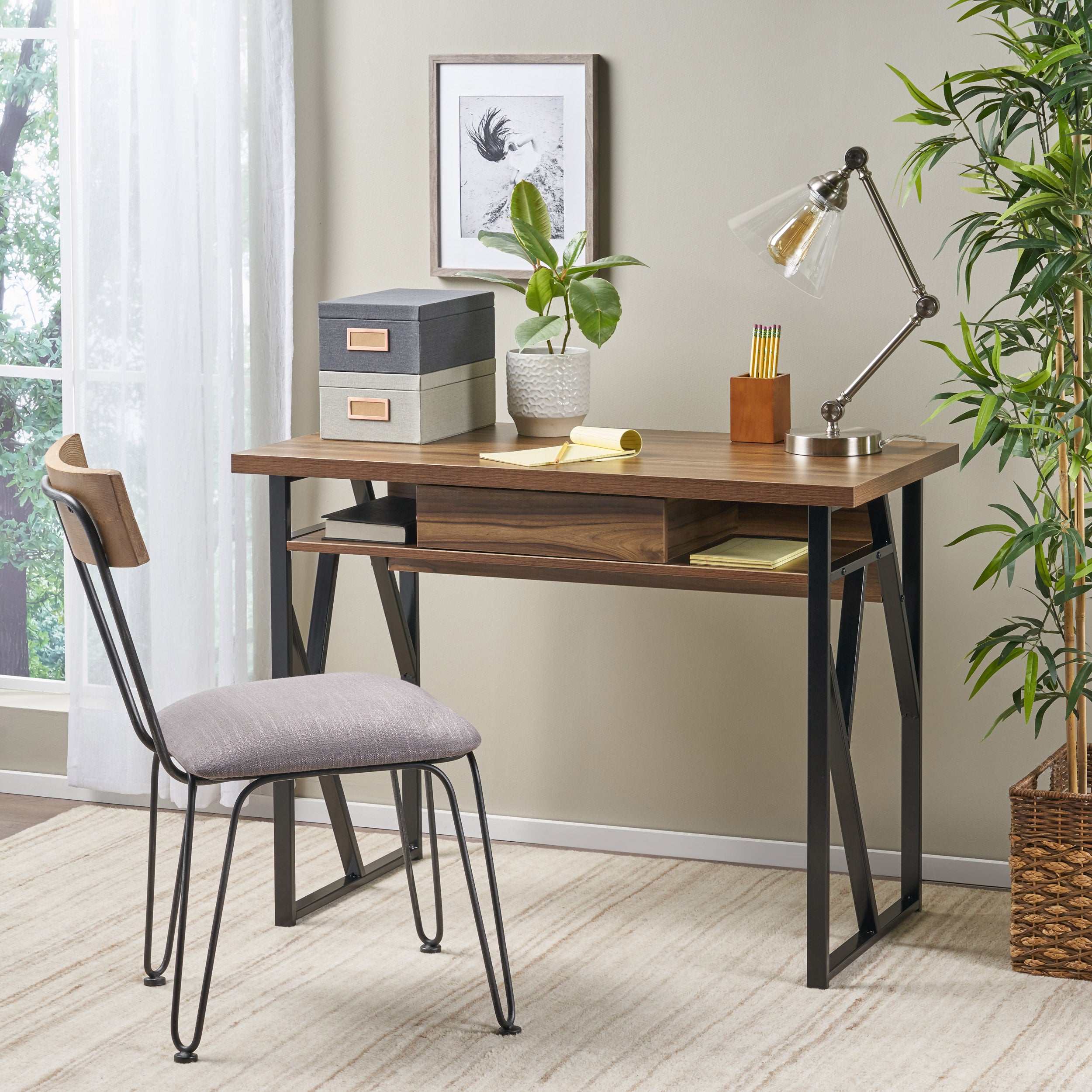 Janet Modern Industrial Iron Frame Writing Desk with Drawer