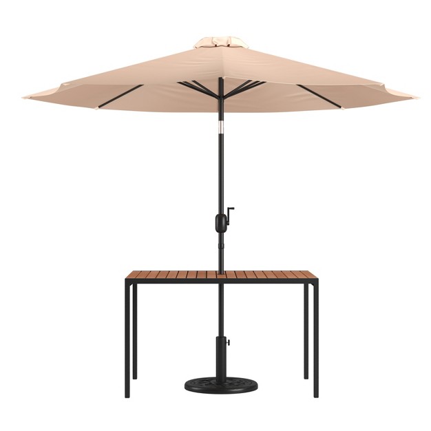 Merrick Lane Outdoor Powder Coated Steel Dining Table With Faux Teak Poly Slat Top 9 x27 Patio Umbrella And Base