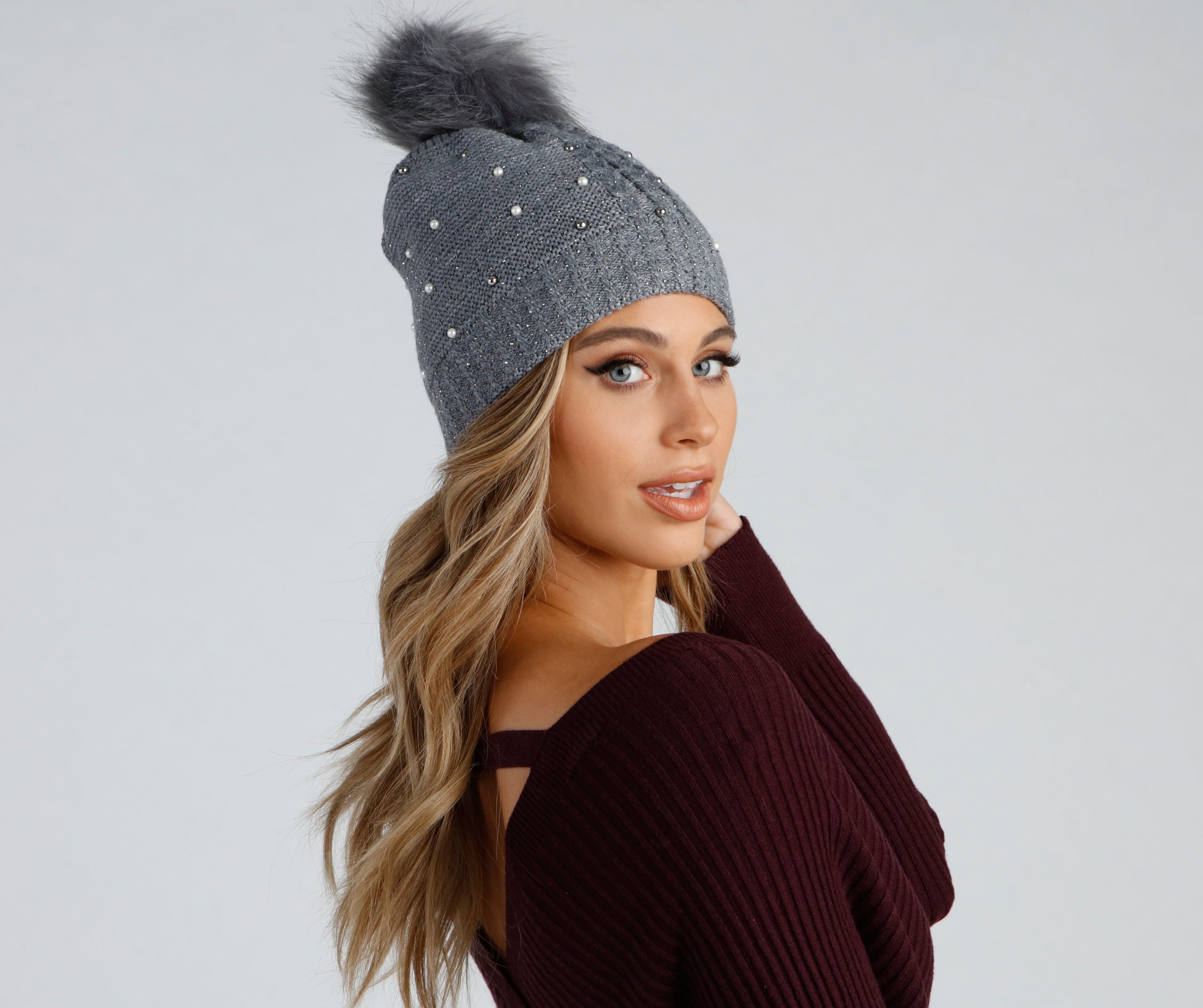 Rhinestone And Pearl Luxe Knit Beanie