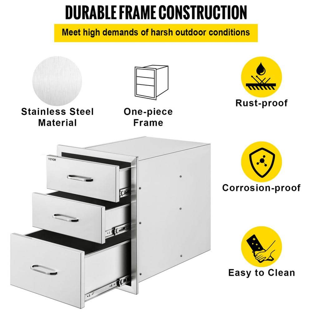 VEVOR 18 in. W x 23.2 in. H x 23.1 in. D Outdoor Kitchen Stainless Steel Triple BBQ Access Drawers with Chrome Handle 18X23YC3CBXGCTG01V0