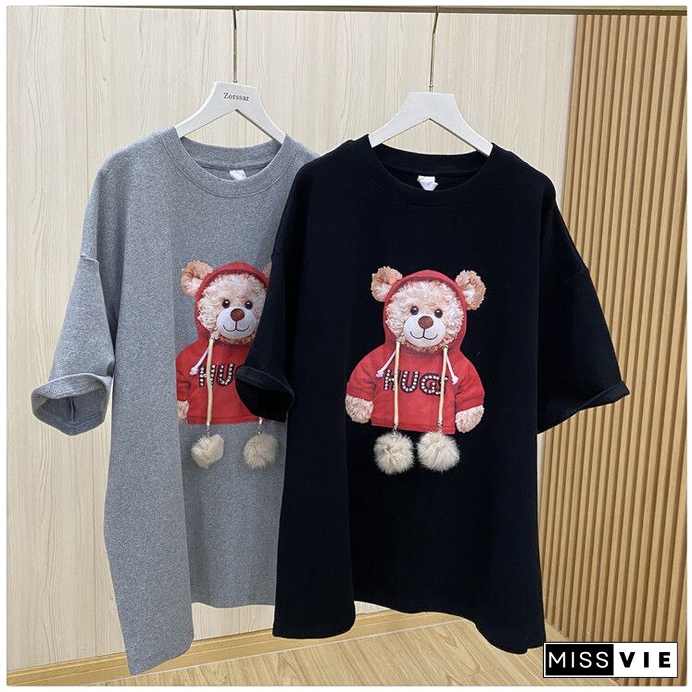 Harajuku Fur Ball Tshirt Summer Women Cotton Half Sleeve Round Neck T-Shirts Korean Style Kawaii Cute Bear Female Clothes Tops