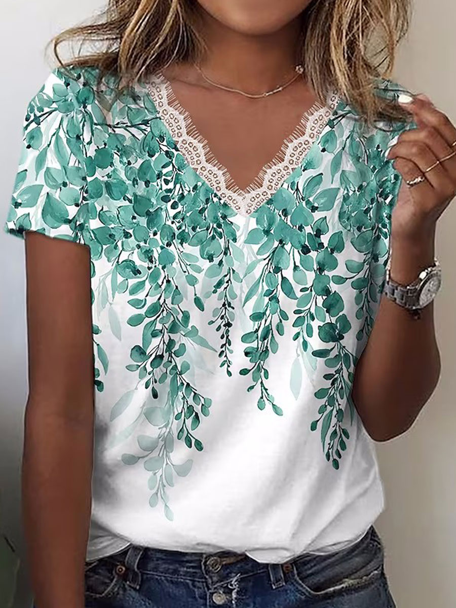 V-neck Lace Casual Loose Floral Print Short-sleeved T-shirt