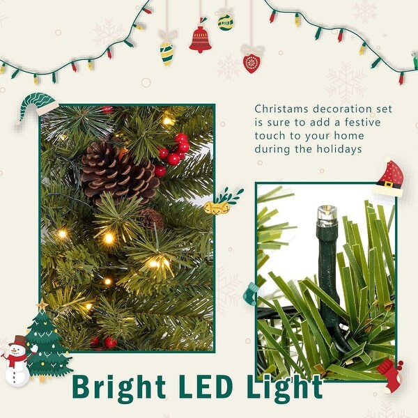 PreLit Holiday Christmas 4Piece Set with LED Lights，Christmas Garlands，Wreath and Set of 2 Entrance Trees