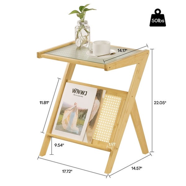 Bamboo Glass-top End Table with Rattan-like Magazine Rack