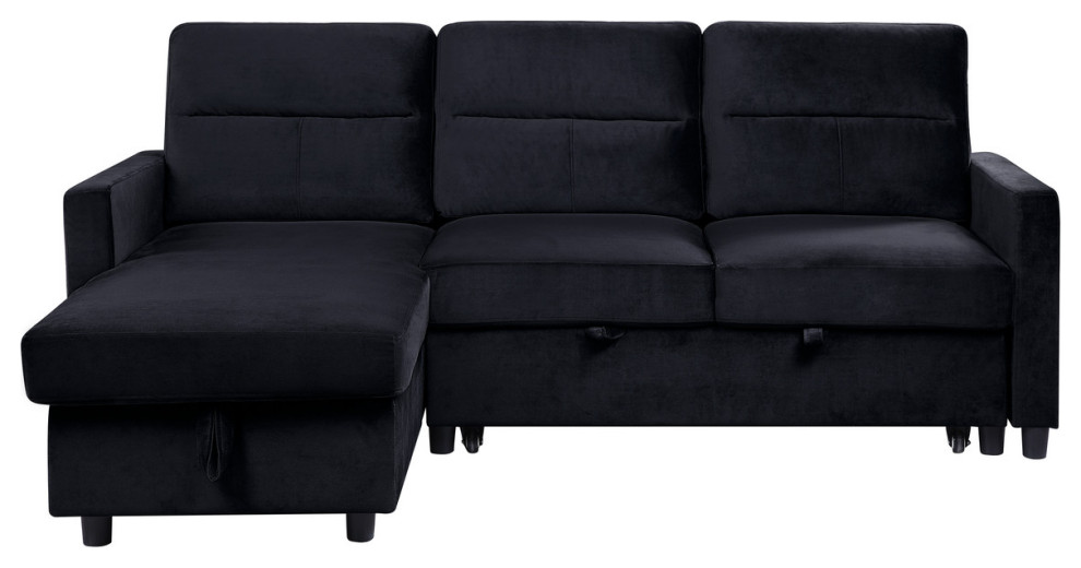 Ivy Black Velvet Reversible Sleeper Sectional Sofa  Storage Chaise  Side Pocket   Transitional   Sleeper Sofas   by Lilola Home  Houzz