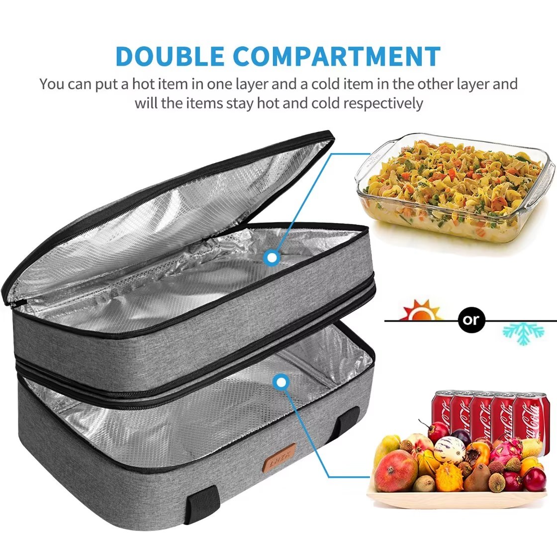 LHZK Insulated Casserole Carrier For Hot or Cold Food， Insulated Expandable Hot Food Carrier， Collapsible Lasagna Holder Tote for Potluck Parties， Picnic， Fits 11 x 15 or 9 x 13 Baking Dish (Grey)