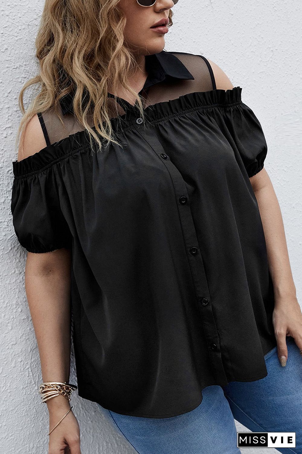 Black Sheer Fabric Splicing Button Down Plus Size Top