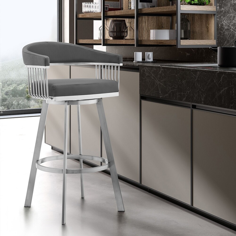 Chelsea Faux Leather Upholstered Swivel Bar/Counter Stool in Brushed Stainless Steel