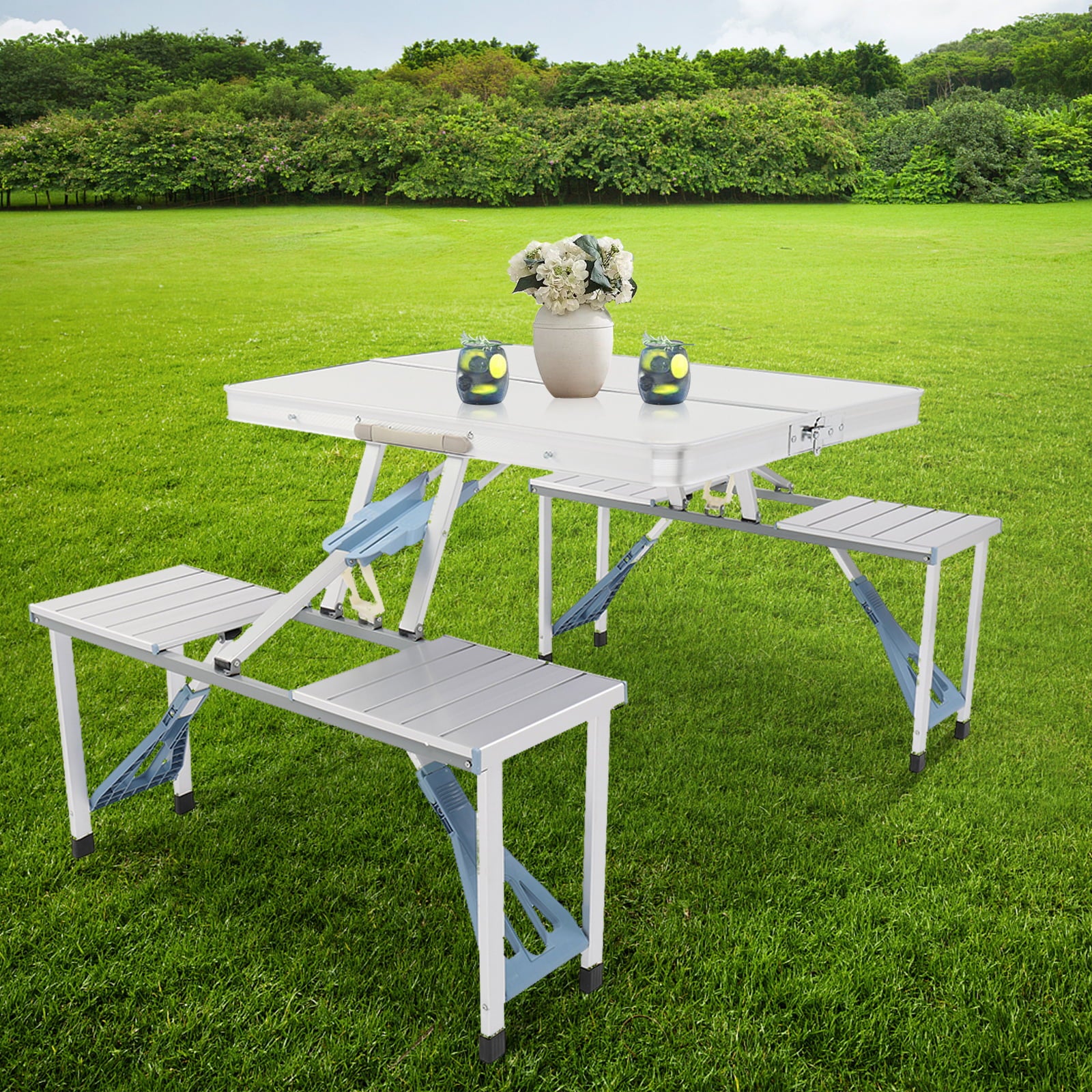 Foldable Picnic Table Portable with 4 Seaters and Umbrella Hole for Camping BBQ