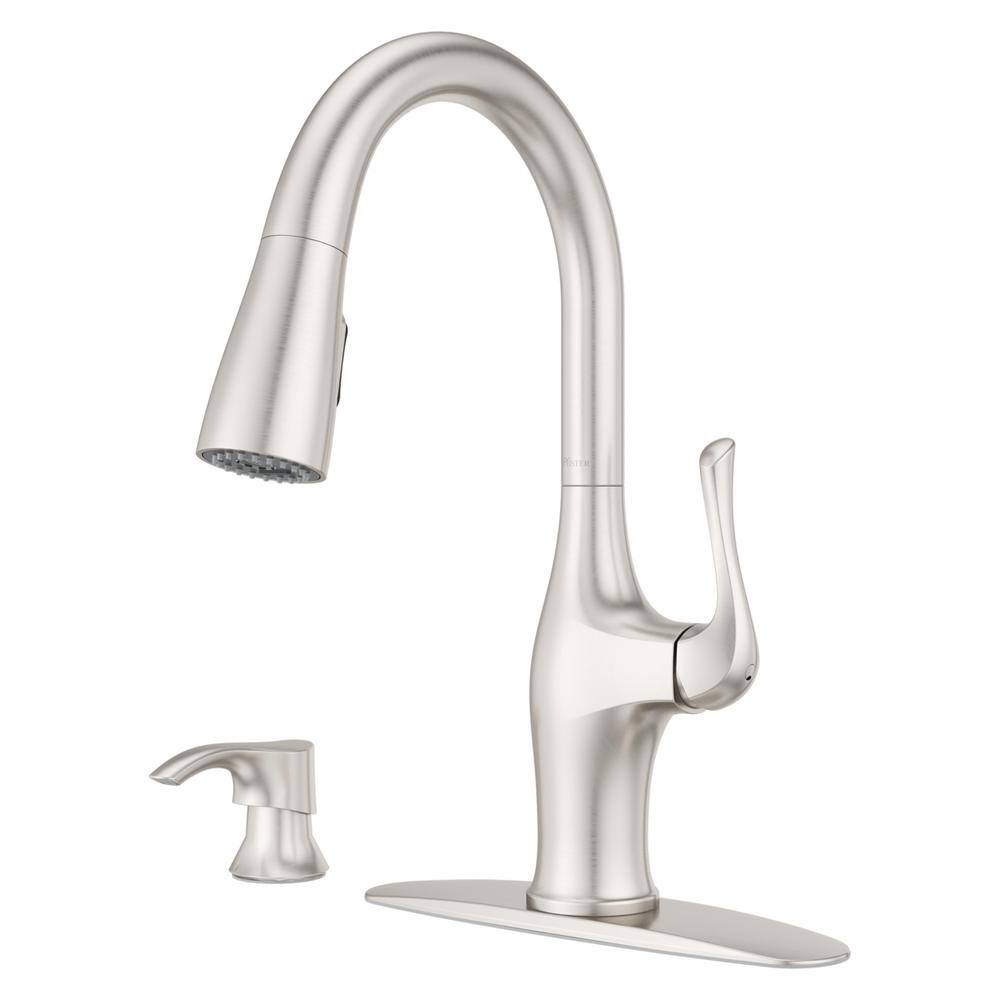 Pfister Wray Single-Handle Pull-Down Sprayer Kitchen Faucet with SoloTilt Soap Dispenser in Spot Defense Stainless Steel F-529-7WRYGS