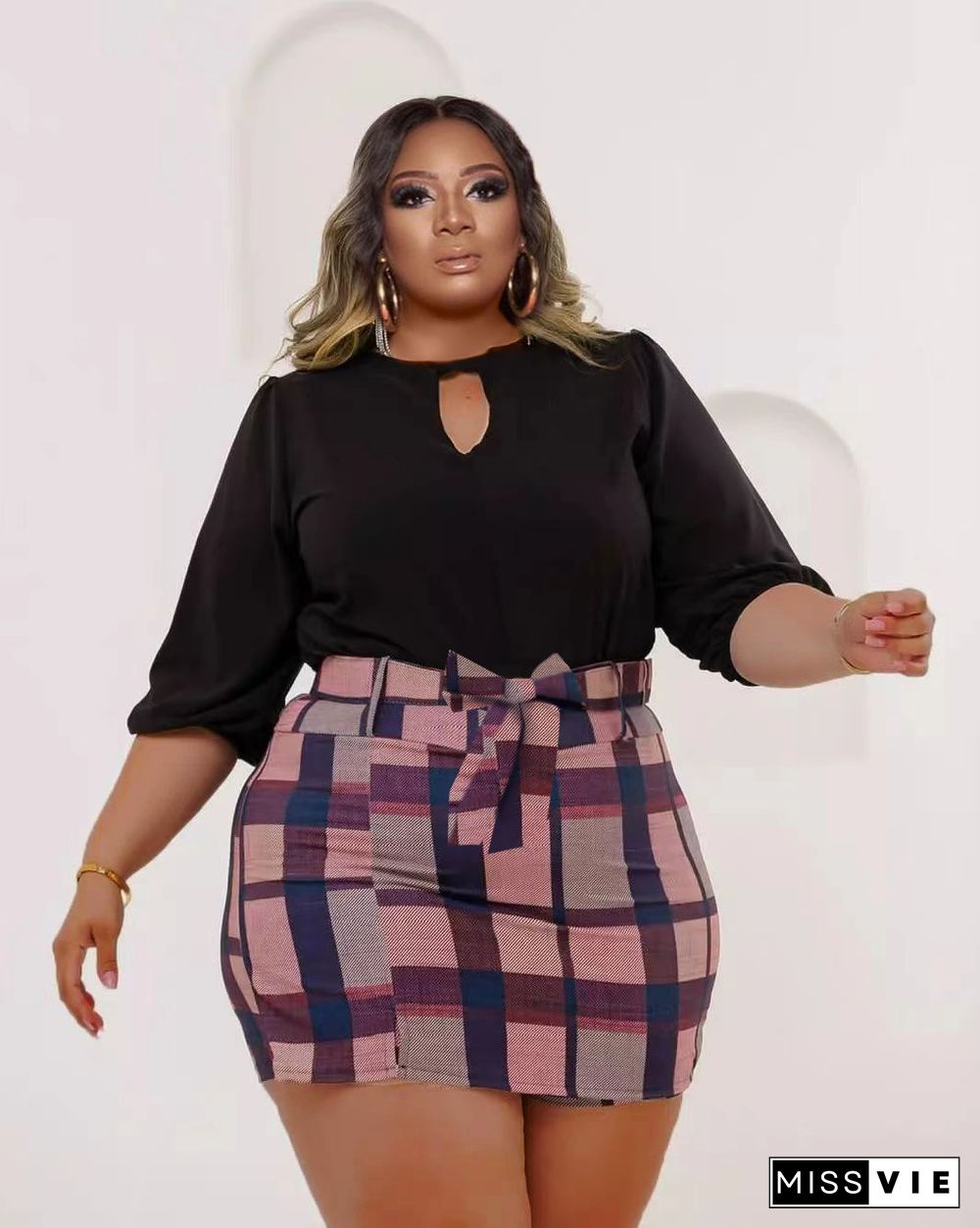 Plus Size Long Sleeve Crop Tops Plaid Skirts Set