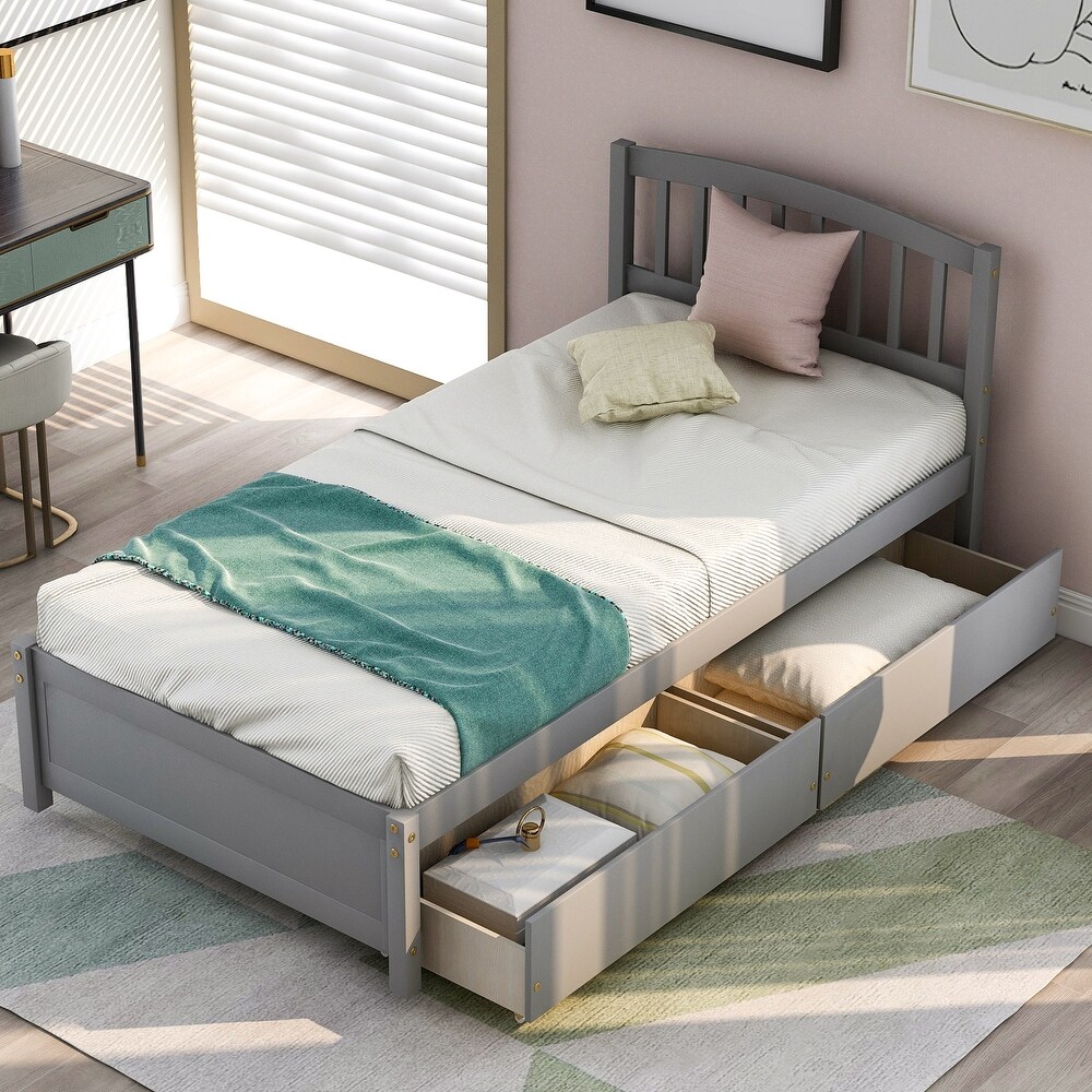 Twin Size Solid Wood Storage Platform Bed with Headboard   2 Drawers