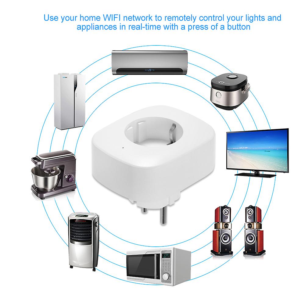 White Eu Plug Mini Smart Wifi Socket Eu Type F Remote Control By Smart Phone From Anywhere Timing Function， Voice Control For Amazon Alexa And For Goo