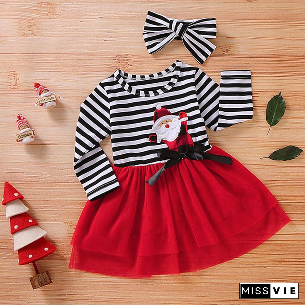 Toddler Baby Girls Christmas Santa Striped Print Tulle Dress+Headband Outfits