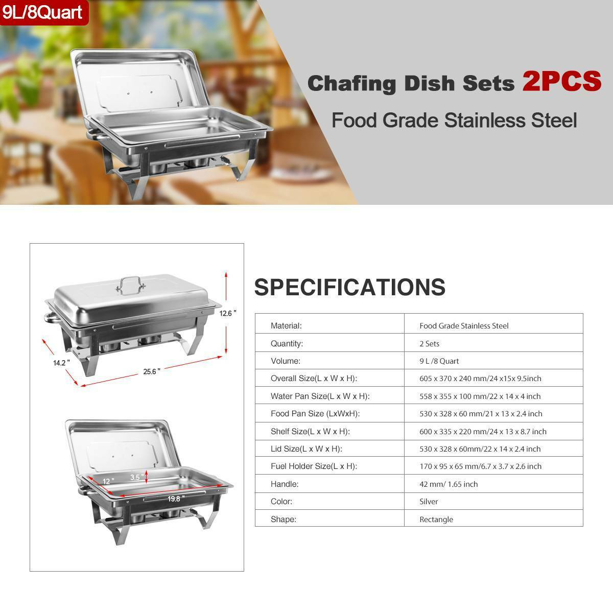 9L/9.5Q 2pcs Chafing Dish Sets Chafer Dish Stainless Steel Pans Full Size Rectangular