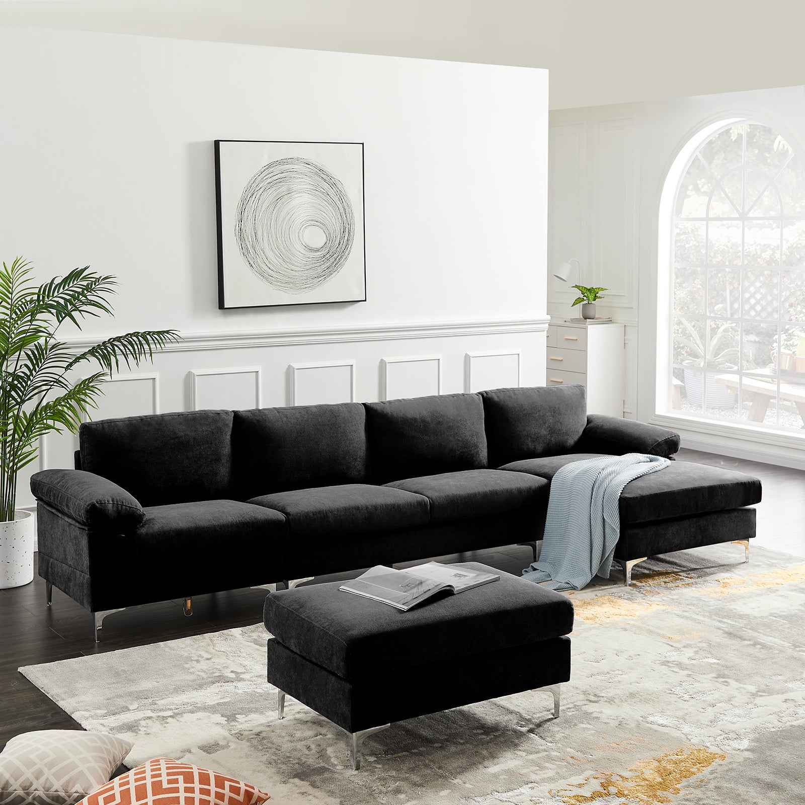 Lecut L-Shaped Sofa Couch with Removable Ottoman, Fabric 4 Seat Sectional with Large Chaise, Modern Reversible Sectional Sofa Couch for Living Room Polyester  Black