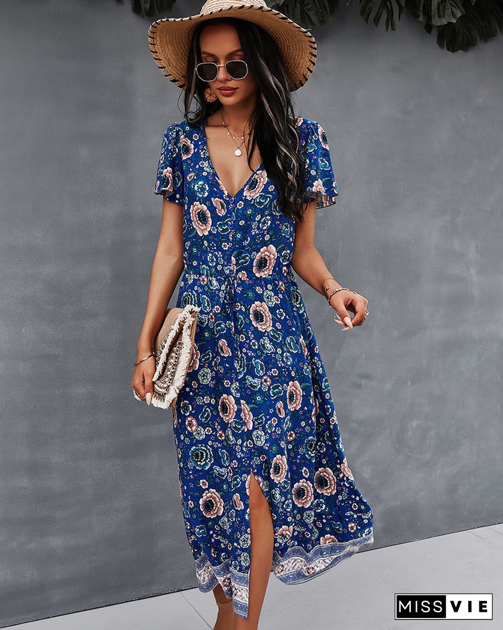 Side Split V Neck Floral Short Sleeve Maxi Dress