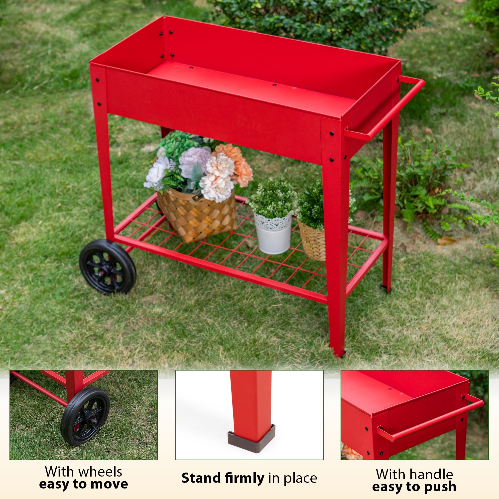 Sophia & William Raised Planter Box with Legs Outdoor Elevated Garden Bed on Wheels-Red