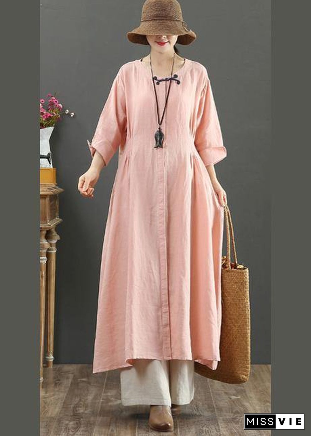 Handmade Pink Tunic Top O Neck Patchwork Maxi Spring Dresses