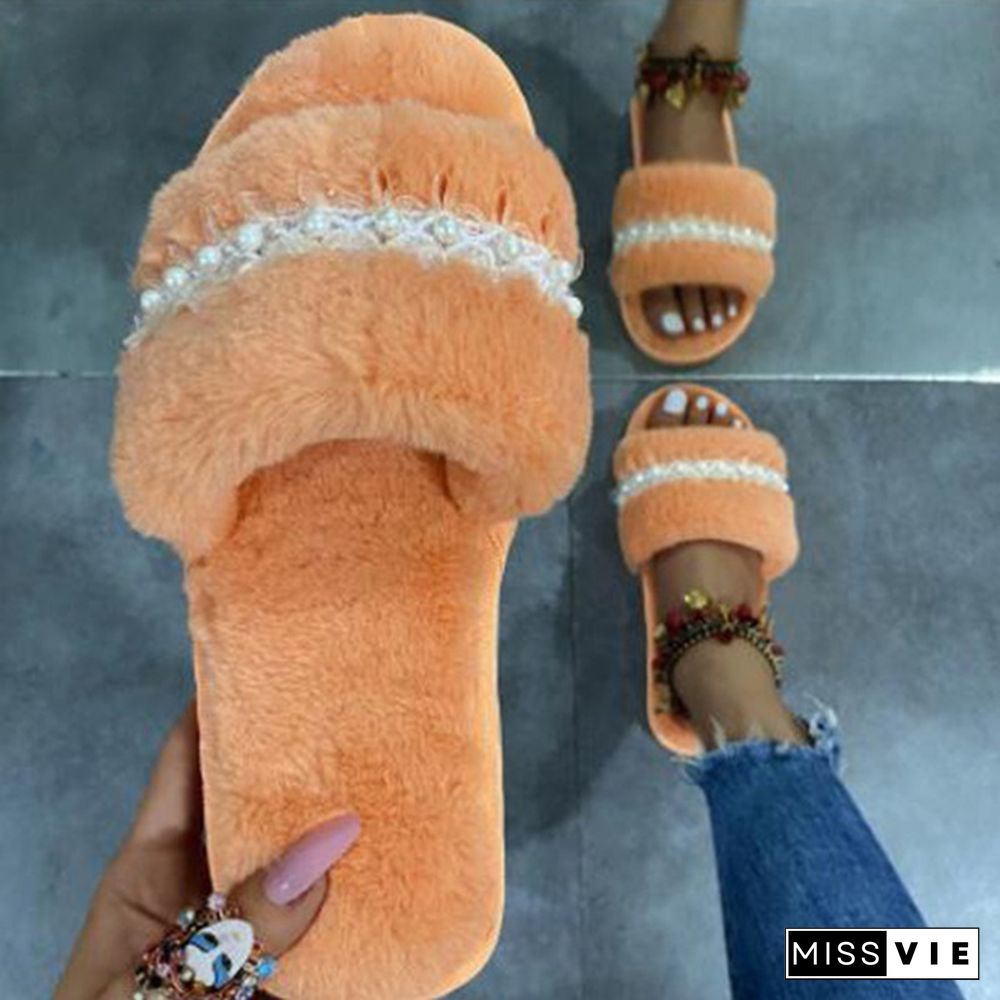 Autumn And Winter Home Furry Pearl Chain Slippers Fashion Flat Women's Cotton Slippers Open-Toe