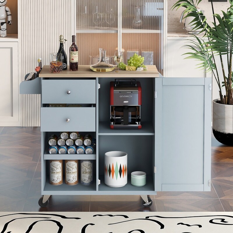 Kitchen Cart with Spice Rack  Towel Rack   Two Drawers Rubber wood top Kitchen Island with 4 Wheels for Dining Rooms Kitchen