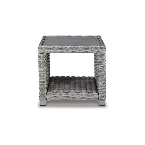 22 Inch Square Side End Table， Gray Resin Wicker Woven， Aluminum Frame