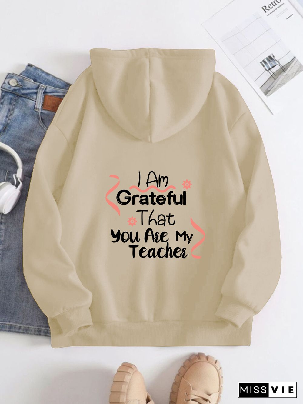 Printed on the Back Kangaroo Pocket Hoodie Long Sleeve for Women Pattern I am grateful that you are my teacher