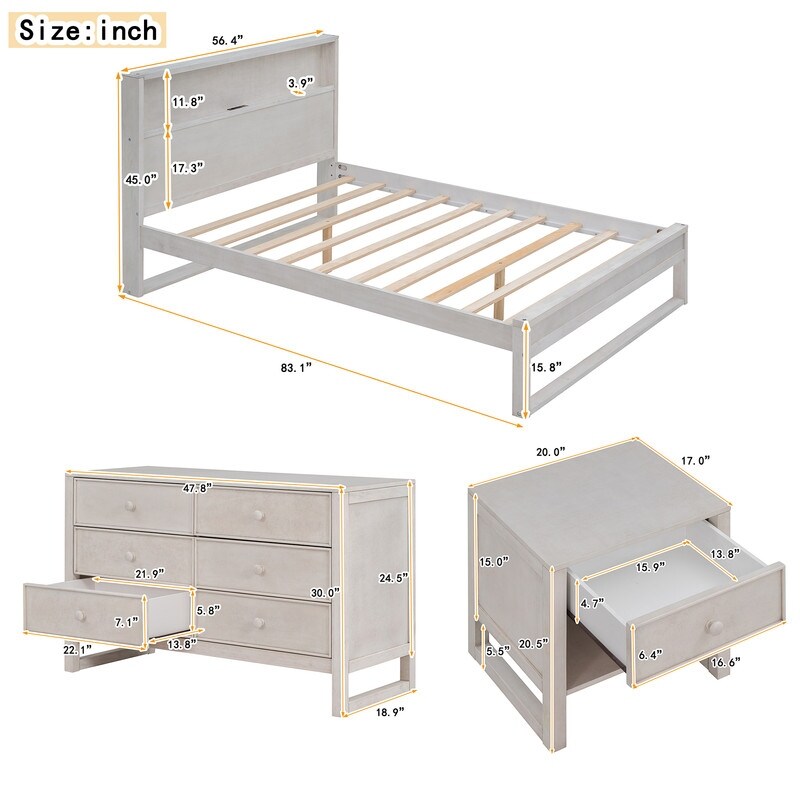 3 Pieces Bedroom Sets Full Size Platform Bed with Nightstand and Dresser