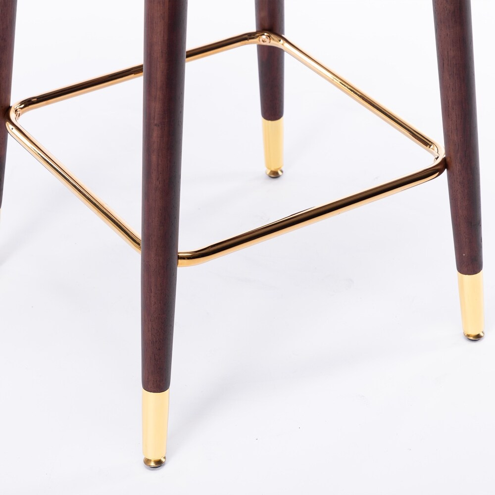 Modern Leather Fabric Bar Stool with Gold Nailheads   Solid Wood Legs  Set of 2