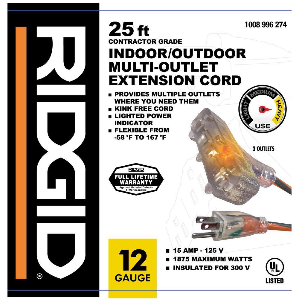 RIDGID 25 ft. 123 Heavy Duty IndoorOutdoor Extension Cord with Tritap Lighted End OrangeGrey 76025RGD